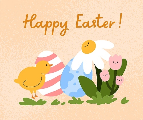 Happy Easter postcard background design. Spring religious traditional holiday card with cute chicken, dyed eggs, kawaii flowers. Kids fairytale characters. Childish flat vector illustration.