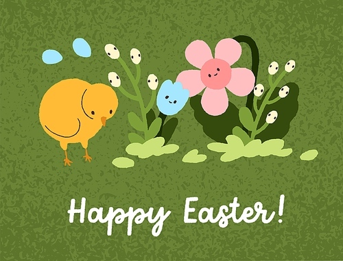 Happy Easter postcard design. Cute funny baby chicken and fairytale fantasy flowers on green grass background, spring religious traditional holiday card. Kids childish flat vector illustration.