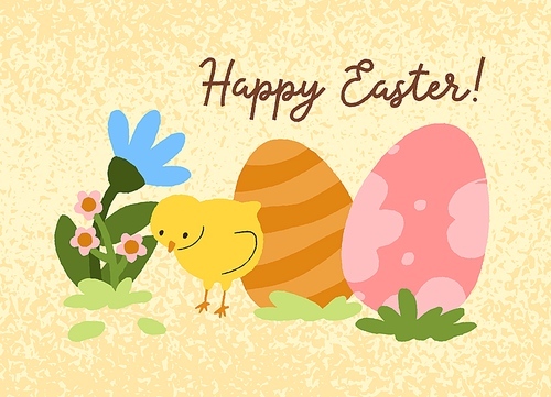 Happy Easter, spring holiday postcard design. Cute adorable chicken, festive dyed eggs, flowers on religious greeting post card background. Kids childish flat vector illustration.