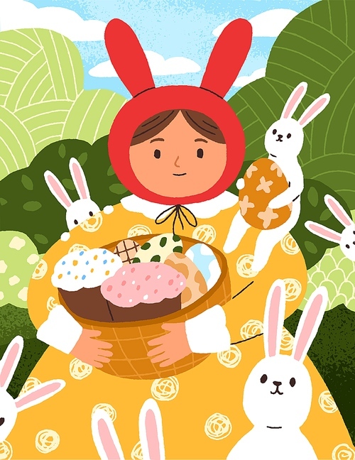Cute girl and happy bunnies on Easter holiday. Adorable kid with dyed eggs and festive bakery in basket. Child with ears and kawaii hares, spring fairytale. Childish flat vector illustration.