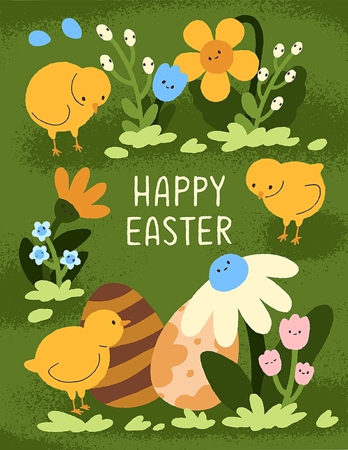 Happy Easter postcard. Spring holiday post card design with cute chickens, funny adorable flowers, festive dyed painted eggs on green background. Fairytale kids childish flat vector illustration.