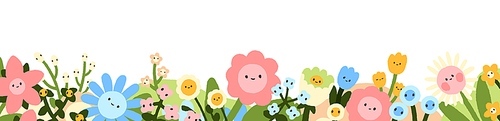 Cute happy flowers, spring floral nature border. Kids kawaii plants with smiling faces, long web banner decoration in naive childish style. Flat vector illustration isolated on white background.