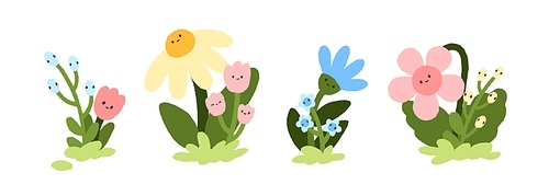 Cute kawaii flowers with happy smiling faces set. Adorable funny spring floral plants with emotions in childish naive style. Kids childlike flat vector illustrations isolated on white background.