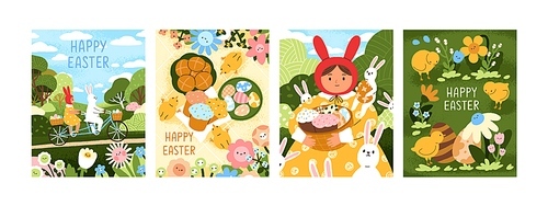 Happy Easter cards set. Greeting postcards designs for spring holidays. Cute congratulations with fairytale characters, painted eggs, rabbits, bunnies, festive cakes. Colored flat vector illustrations.