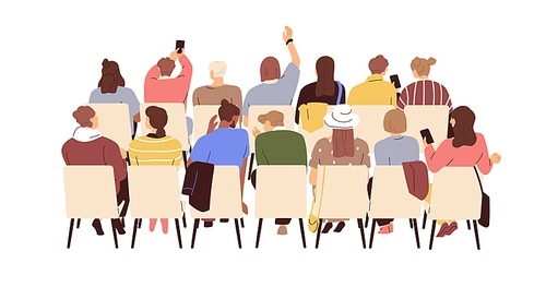 Audience back view. Behind people group sitting on chairs at seminar, training. Auditorium taking photo with phone, raising hand at public event. Flat vector illustration isolated on white background.