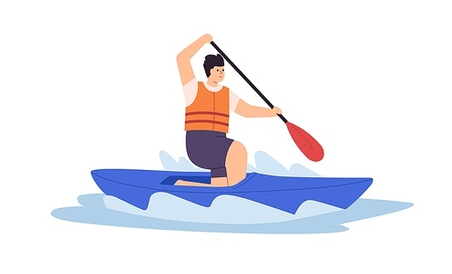 Man riding solo canoe in water, rowing with paddle. Person oaring and swimming on sport boat in river. Sportsman in life jacket in lake. Flat vector illustration isolated on white background.