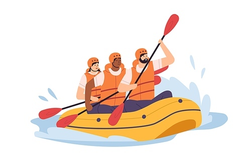 People swimming in inflatable boat, rowing with paddles. Team of men and woman in helmets traveling on lake or river. Summer water sport. Flat vector illustration isolated on white background.