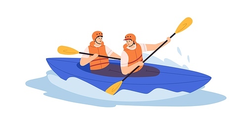 People rowing with paddles in kayak. Men in helmets and life jackets rafting in sports boat with oars. in river. Extreme water activity. Flat vector illustration isolated on white background.