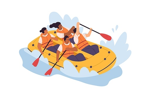 Happy people rowing with paddles, swimming in inflatable boat in river. Team of diverse men and women during extreme water activity in lake. Flat vector illustration isolated on white background.