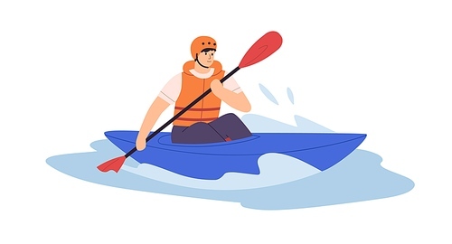 Man in solo canoe rowing with paddle on water. Person in helmet and life vest riding boat with oar on river. Extreme leisure activity. Flat vector illustration isolated on white background.