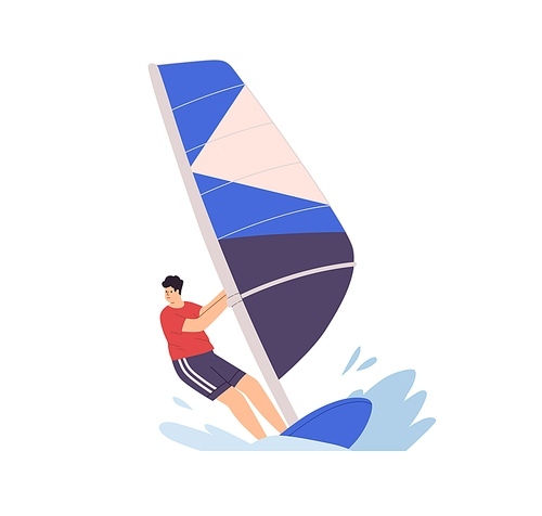 Man windsurfing, standing on board with sail on waves. Windsurfer riding and surfing sailboard. Boardsailing, extreme summer water sport. Flat vector illustration isolated on white background.