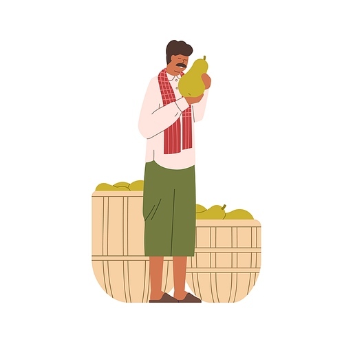 Happy indian farmer standing collected crops. Smiling farm worker from India glad to good harvest of fruits. Hindu man holding picked ripe pear. Flat vector illustration isolated on white background.