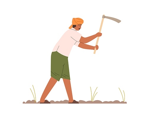 Indian farmer working with hoe on farm field. Work of man in turban on plantation in India. Agriculture worker on land with plants. Flat vector illustration of hindu on farmland isolated on white.