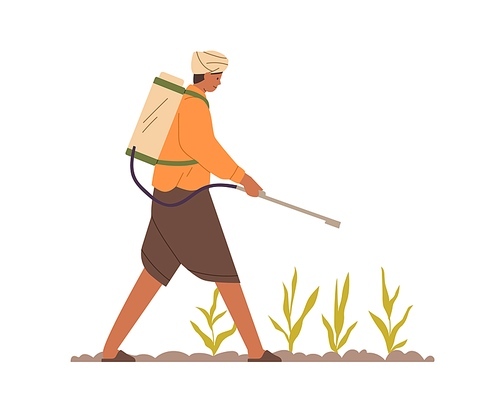 Indian farmer working on farm field, spraying fertilizer on soil and plants. Agriculture worker with pest equipment on plantation in India. Flat vector illustration isolated on white background.
