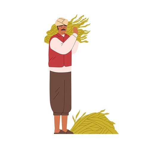 Indian farmer holding collected crops. Traditional farm worker with sugar cane harvest in hands. Hindu man and heap of sugarcane leaves in India. Flat vector illustration isolated on white background.