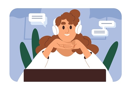 Woman in headphone during video conference call. Online communication concept. Happy smiling person at remote distant virtual videocall, videoconference at computer, PC. Flat vector illustration.