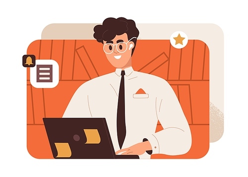 Happy business man at laptop. Smiling office worker, employee enjoying work. Excited enthusiastic successful manager, businessman working online at PC, surfing at PC. Flat vector illustration.