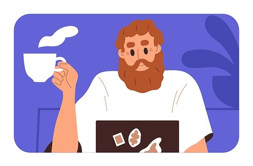 Person with tea cup at computer. Remote freelance worker sitting at laptop with coffee. Online internet work, business concept. Happy man watching video, webinar at PC. Flat vector illustration.