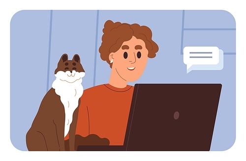Freelancer works at home. Happy business woman and cute cat during online communication, video call. Remote employee, freelance worker working through internet at computer. Flat vector illustration.