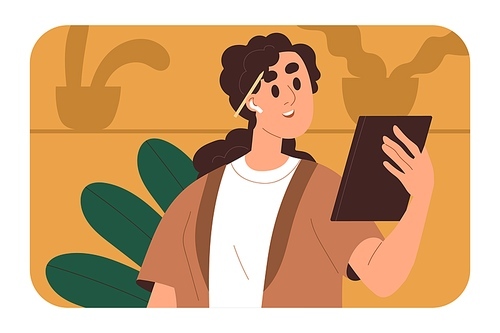 Creative woman holding digital tablet PC, computer. Young girl with pad in hand, earbuds and stylus behind ear, looking at device during online communication, virtual talk. Flat vector illustration.
