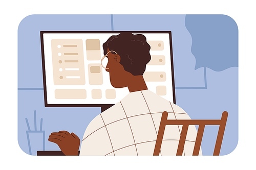 Employee, black man works at desktop computer. Office worker sitting at desk. African-American business person working at workplace, looking at screen, monitor, back view. Flat vector illustration.