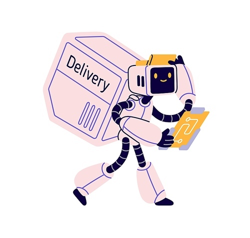 Cute robot courier works for delivery service. Android character delivering order in backpack. AI machine worker in retro futuristic style. Flat vector illustration isolated on white background.