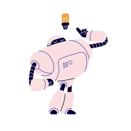 Cute creative robot with idea, thought, solution. Smart retro-styled android, AI machine character thinking. Bot with mind and creativity. Flat vector illustration isolated on white background.