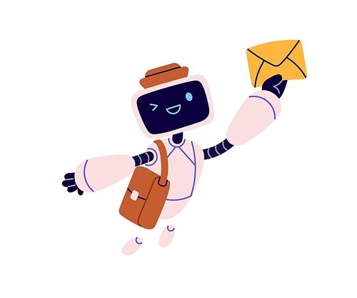 Cute robot character from post delivery service. Robotic postman with envelope. Retro android machine with email letter. Electronic mail concept. Flat vector illustration isolated on white background.