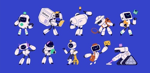 Robots set with cute screen faces. Futuristic smart androids assistants at work. AI technology, digital characters. Human-like machines with artificial intelligence. Isolated flat vector illustrations.