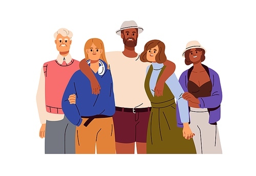 Happy united family portrait. Friendly interracial people hugging. Diverse characters in bonding good relationship, love, togetherness, support. Flat vector illustration isolated on white background.