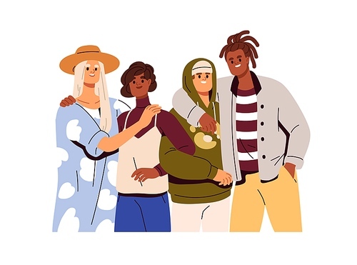 Young happy friends portrait. International friendship concept. Smiling interracial men and women, diverse people embracing, standing together. Flat vector illustration isolated on white background.