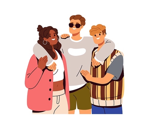 Happy young best friends hugging, standing together, portrait. Smiling diverse men, woman embracing. Friendship relationship, support concept. Flat vector illustration isolated on white background.