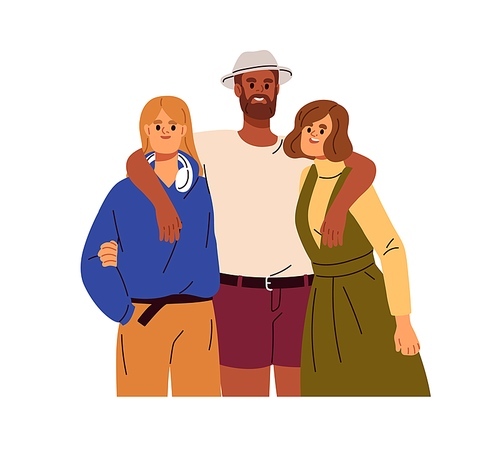 Happy people hugging together, family portrait. Smiling interracial friends standing, embracing. Bonding good relationship, support concept. Flat vector illustration isolated on white background.