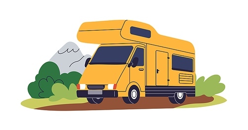 Motorhome, holiday camper car on road. RV, touristic campervan. Recreational truck transport, vehicle for adventure. Summer auto, motor home. Flat vector illustration isolated on white background.