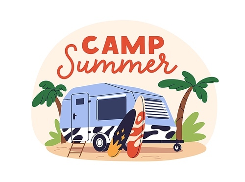 Camper car, RV and surfboards. Summer camp, tourism, surfing concept. Holiday vehicle, trailer, home on wheels for adventure and travel. Flat graphic vector illustration isolated on white background.