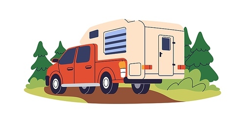 Campervan, camper pickup car. Travel camping vehicle, RV. Summer adventure truck transport, recreational auto, inserted motorhome for tourism. Flat vector illustration isolated on white background.