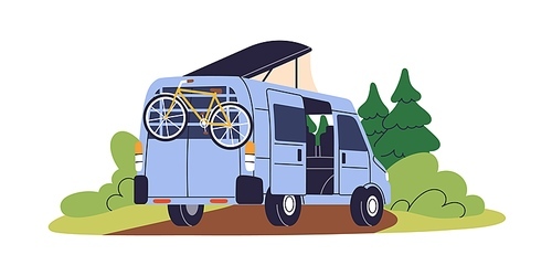 Camper van, travel car. Summer holiday campervan, recreational vehicle. RV transport with bicycle for camping, adventure, vacation in nature. Flat vector illustration isolated on white background.