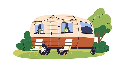 Caravan, camper trailer for summer holiday travel, camping in campervan. RV, recreational vehicle, van, home on wheels and chairs in nature. Flat vector illustration isolated on white background.