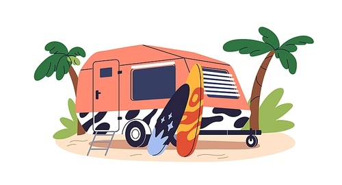 Caravan, camper car, trailer with surfboards. Summer travel van, holiday campervan with surf boards at seaside. RV for surfers vacation. Flat vector illustration isolated on white background.