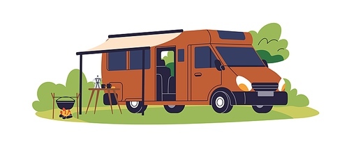 Camping car, travel van. RV, motorhome with tent. Recreational camper vehicle with shelter in nature on summer holiday, outdoor vacation. Flat vector illustration isolated on white background.