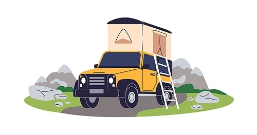 Rooftop tent on SUV car. Vehicle with roof-top camping and ladder. Auto travel, nature adventure with holiday mobile home, touristic equipment. Flat vector illustration isolated on white background.