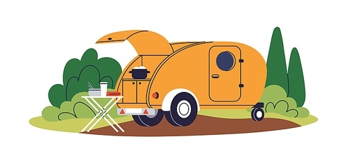 Motorhome, camping car with kitchen for cooking food. Camper trailer, motor home with table in nature. RV auto, travel campervan for summer trip. Flat vector illustration isolated on white background.