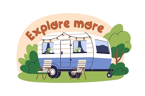 Summer holiday camp. Camper car for adventure. RV vehicle, trailer, mobile home on wheels for travel, rest. Vacation caravan, wagon in nature. Flat vector illustration isolated on white background.