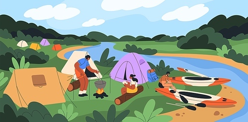 Tent camp with campers cooking food with bonfire at river bank. People resting in nature outdoors. Summer landscape with tourists at campsite, campground on vacations. Flat vector illustration.