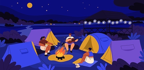 Night tent camp with people sitting around fire. Campers resting in nature on summer holidays, playing guitar, singing songs at campfire. Tourists friends at bonfire outdoors. Flat vector illustration.