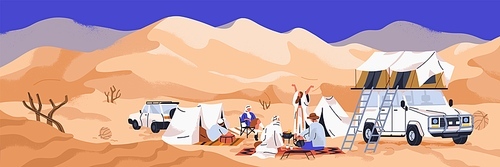 Camping in hot desert. Sand landscape panorama with tourists and arab bedoin. People group at picnic during Arabian nature adventure with tents and cars on summer holiday. Flat vector illustration.