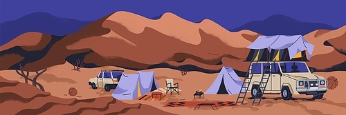 Desert camp at night. Landscape panorama with tents, cars in Arab adventure, travel, vacation. Saudi Arabian wilderness nature in evening, dusk, nighttime, panoramic view. Flat vector illustration.