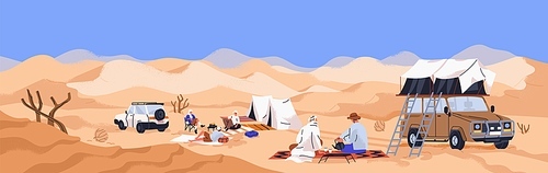 Tourists at desert camping. Sand dunes landscape panorama with people campers relaxing on picnic, tents, SUV cars in Arabian nature. Travelers at summer holiday expedition. Flat vector illustration.