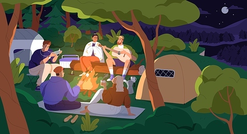 Happy friends sitting around bonfire at night camp, picnic. People with guitar at campsite in nature. Men and women at campfire near tents in campground on summer holiday. Flat vector illustration.