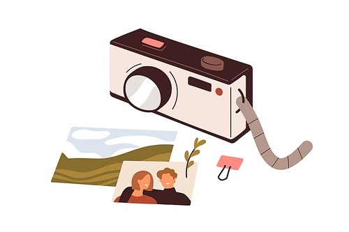 Photo camera, pictures composition. Photographs images and photographic equipment. Creative hobby, photography art concept. Memory shots. Flat vector illustration isolated on white background.